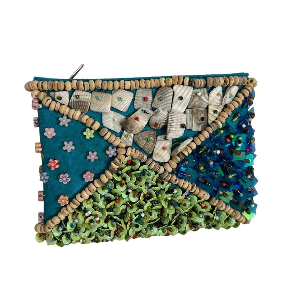 Hand beaded- mini wallet coin purse- seashellls beach- sequin- some wear- retro